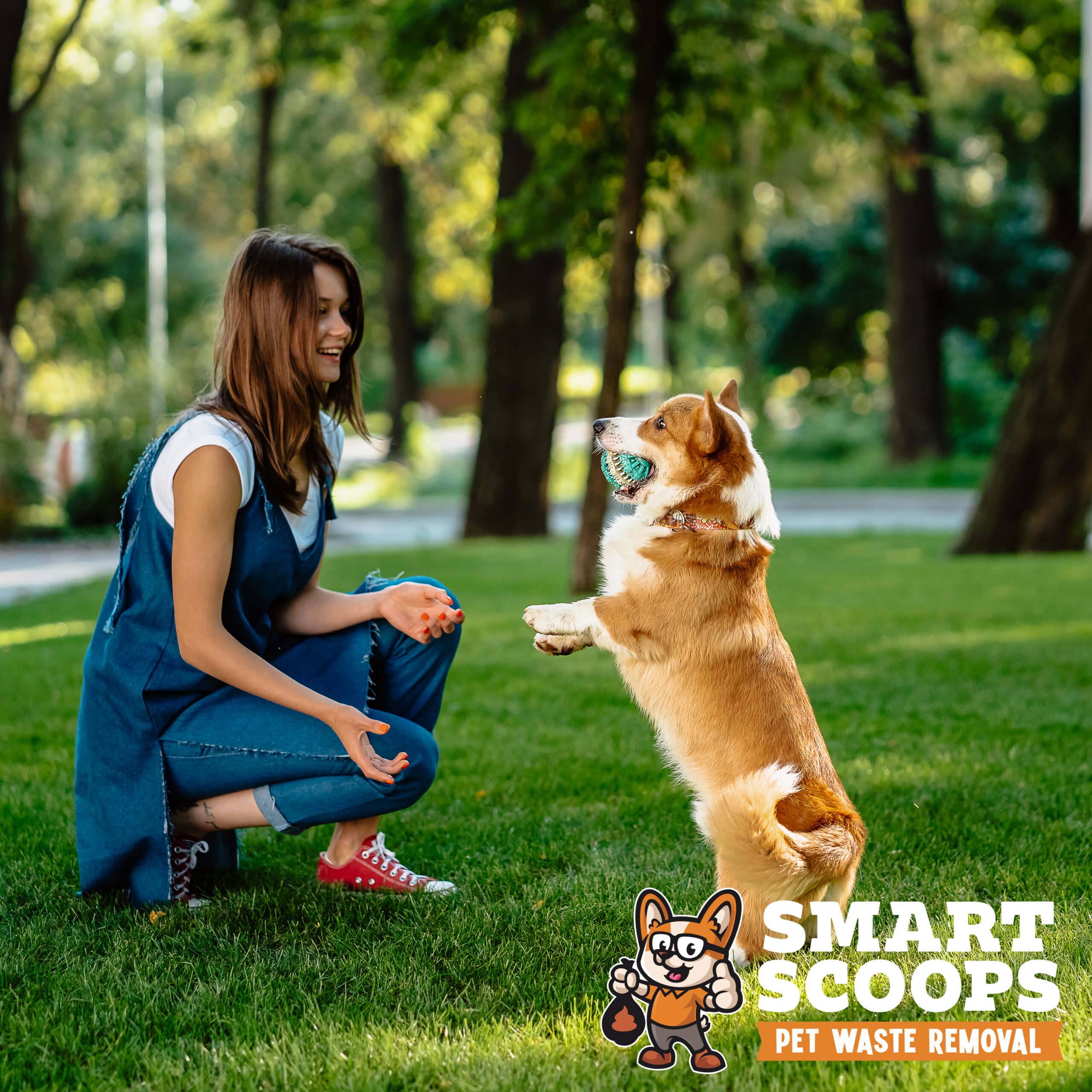 Portrait of woman with dog Welsh Corgi Pembroke in dog park