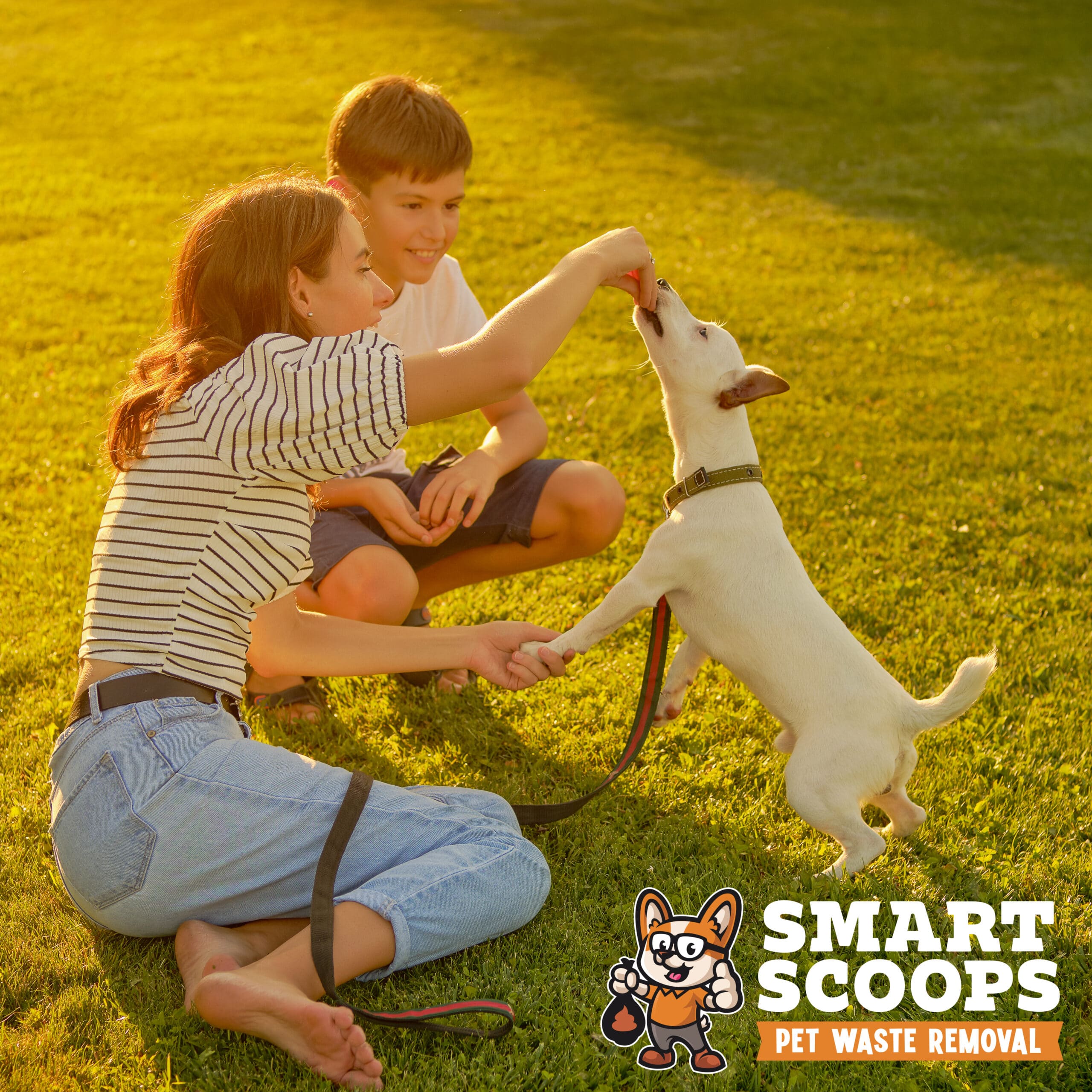 Dog Parson Russell Terrier breed is playing in green park with his owner. Summer time or beginning of autumn. Nature. Pet care and training concept.