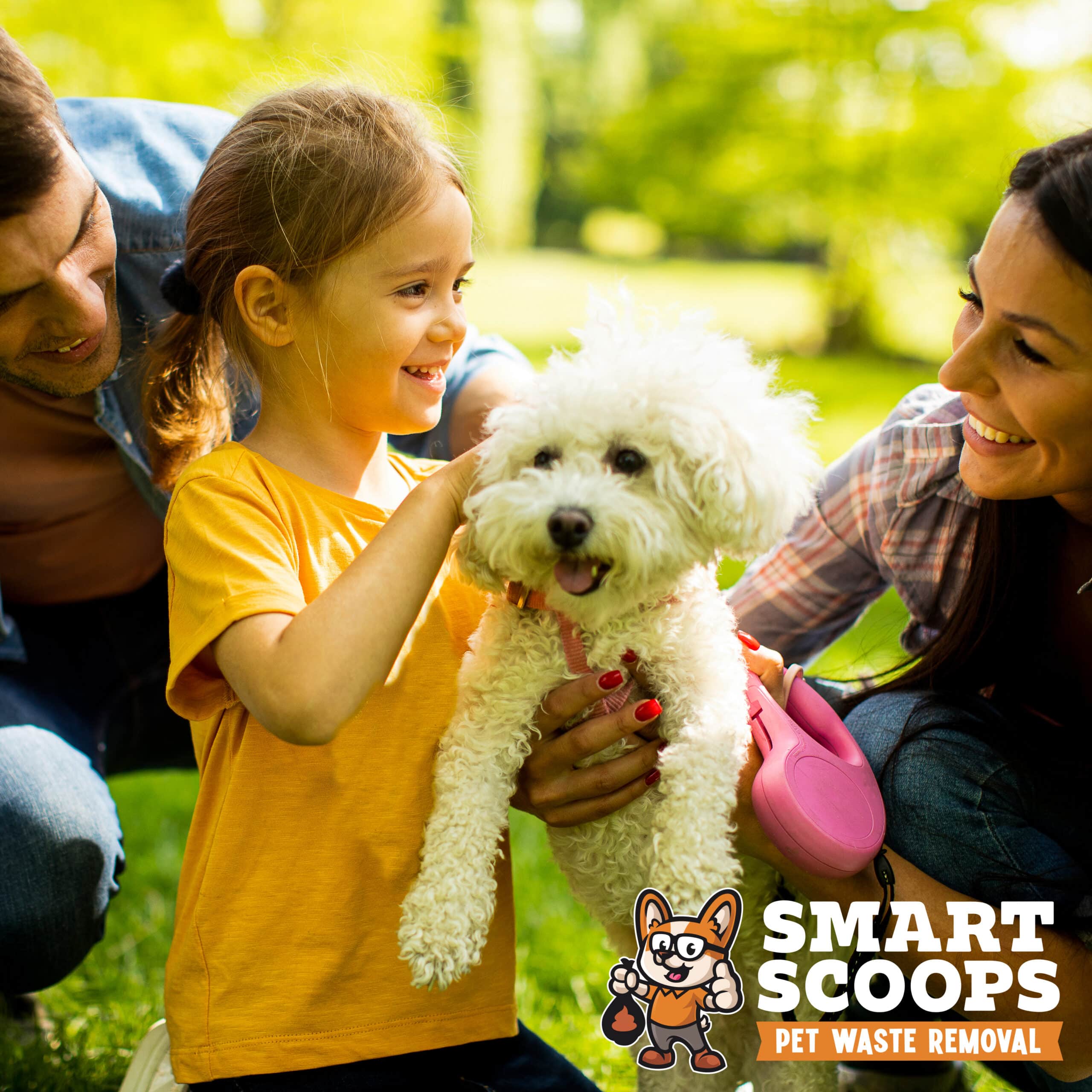 Beautiful happy family is having fun with bichon dog outdoors